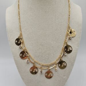 VINTAGE Unique Gold Tone Laser Cut Lady Silhouette Charm Rhinestone Necklace